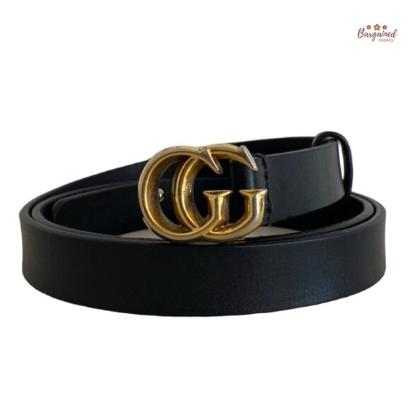 Authentic Gucci Black Smooth Leather Slim Signature Double G Buckle Belt 85/34